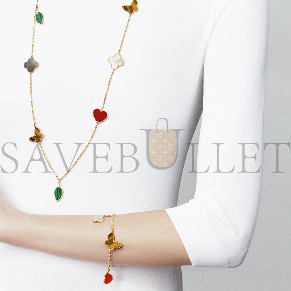 V*N CL*F arpels lucky alhambra bracelet, 4 motifs - yellow gold, carnelian, malachite, mother-of-pearl, tiger eye  vcard79600